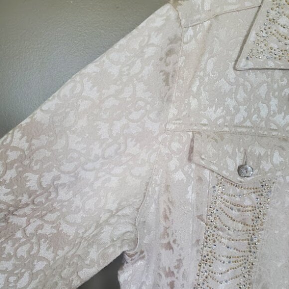 Christine Alexander Jacket XL Cream Damask Gold Crystal Gems Buttons Vintage - Picture 10 of 12
